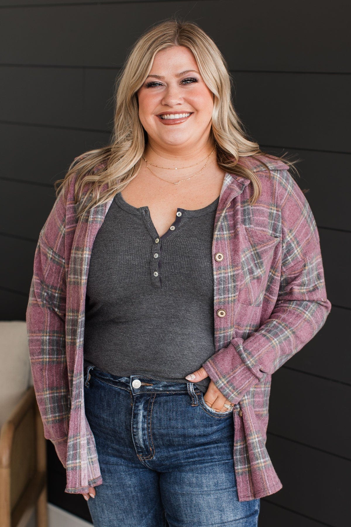All In Plaid Button Top- Vintage Red
