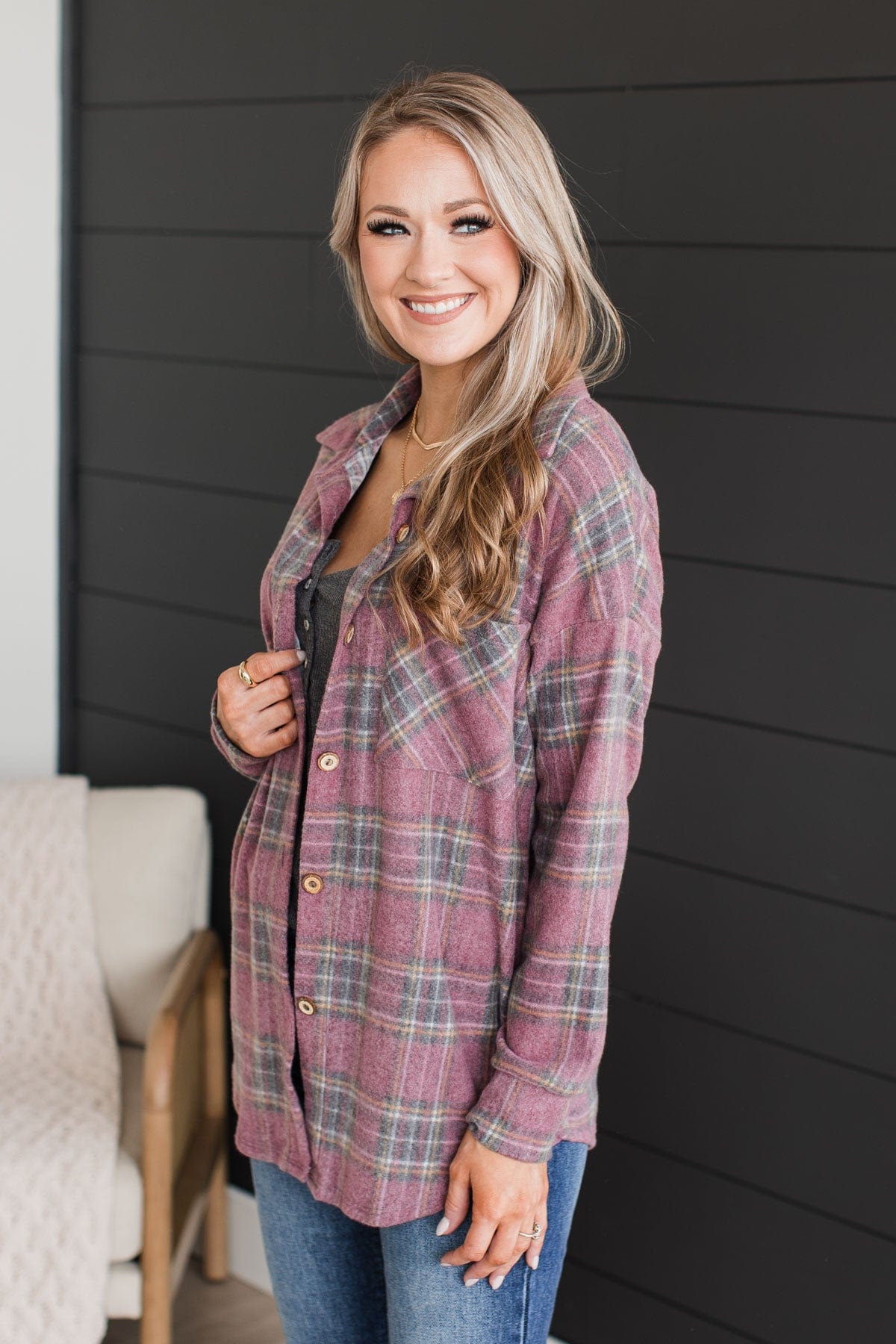All In Plaid Button Top- Vintage Red