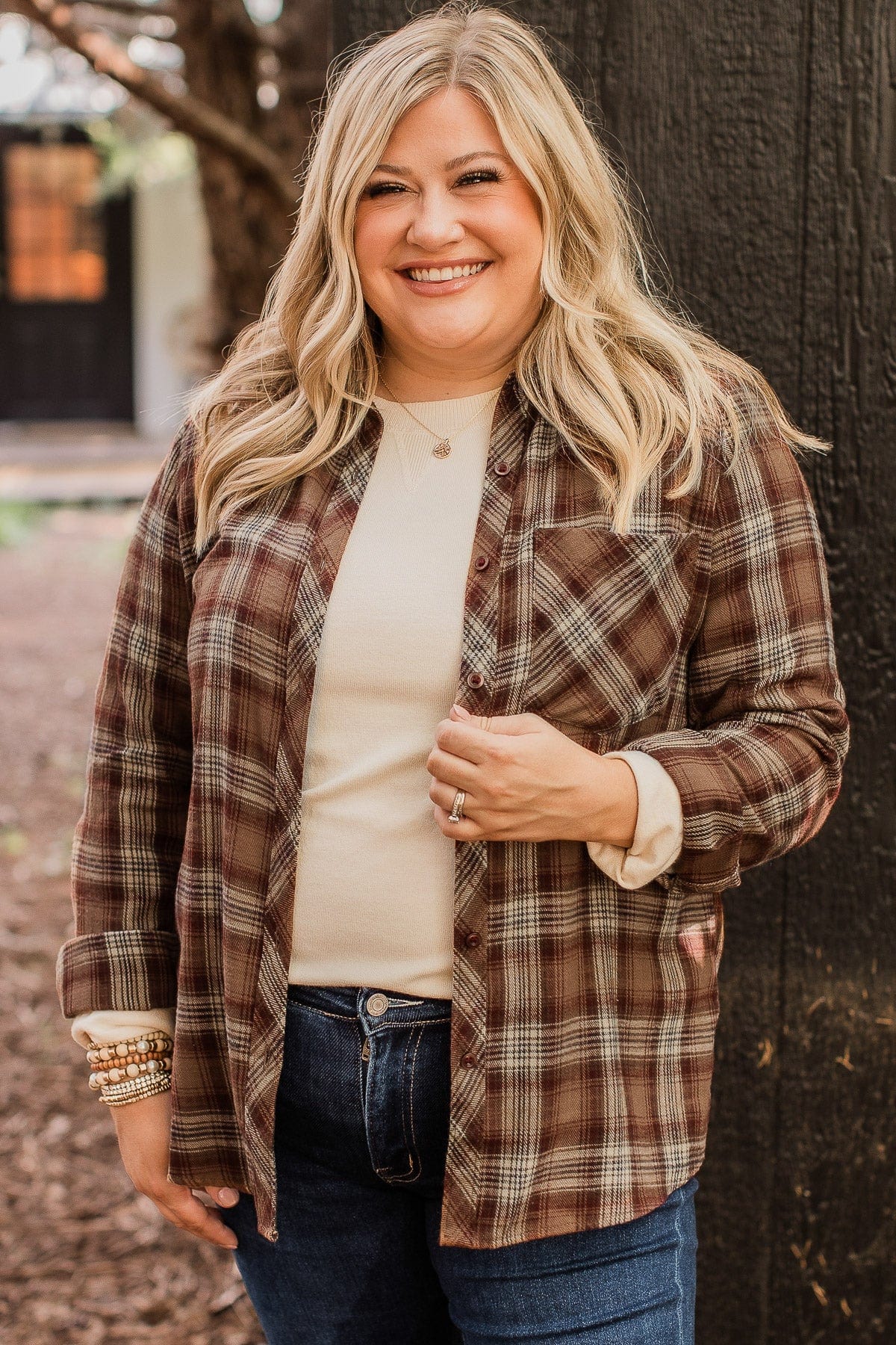 Big Expectations Plaid Button Top- Brown