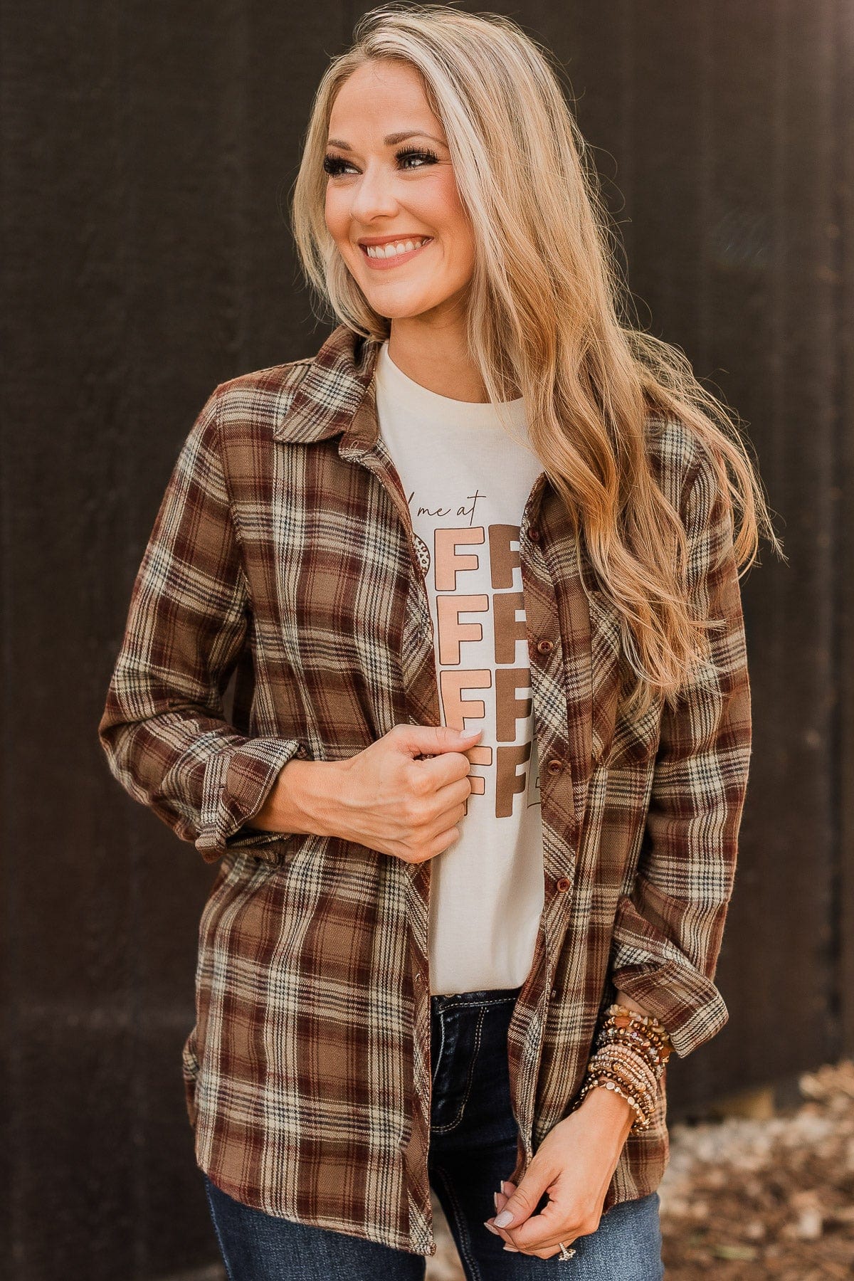 Big Expectations Plaid Button Top- Brown