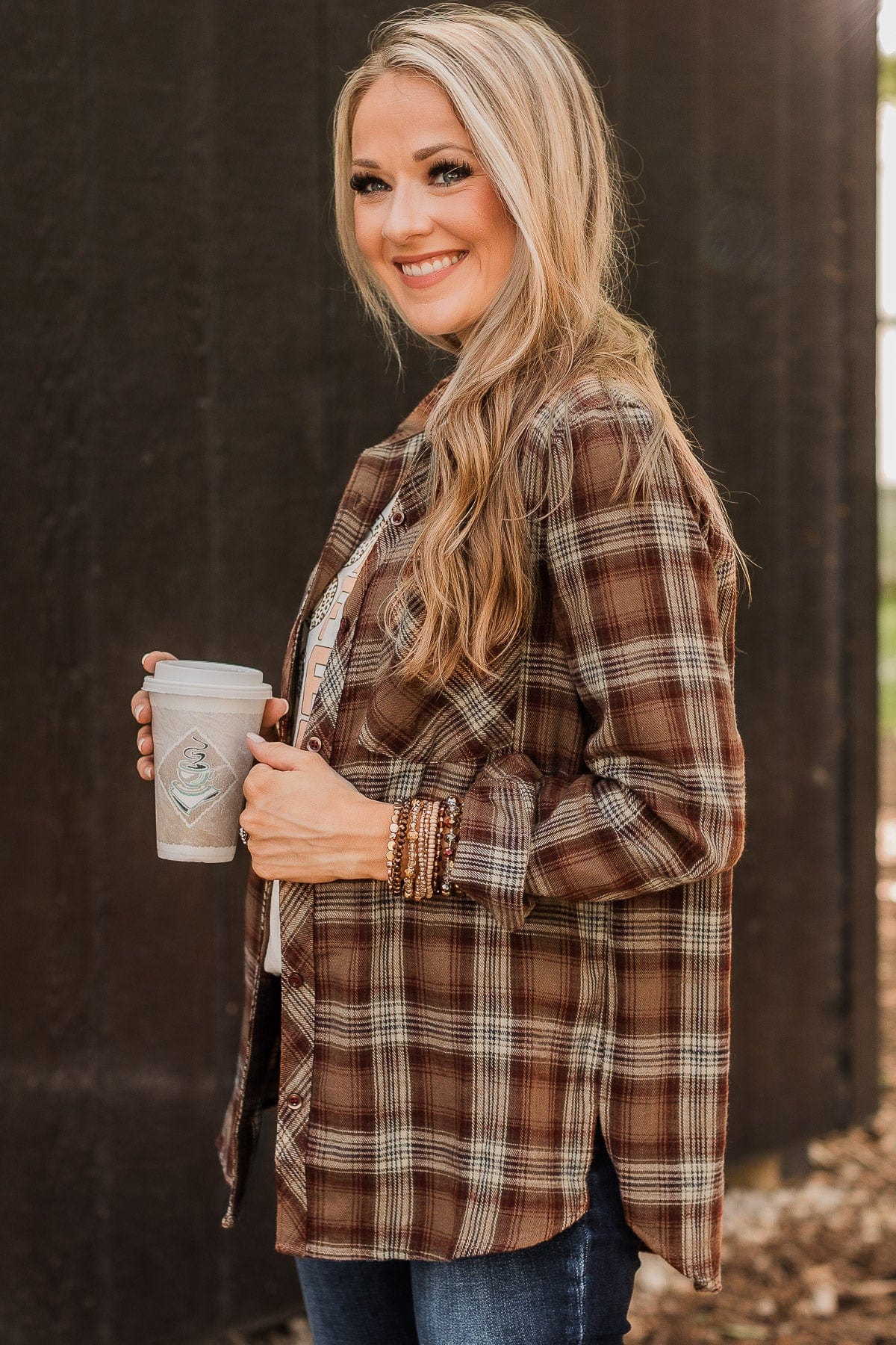Big Expectations Plaid Button Top- Brown