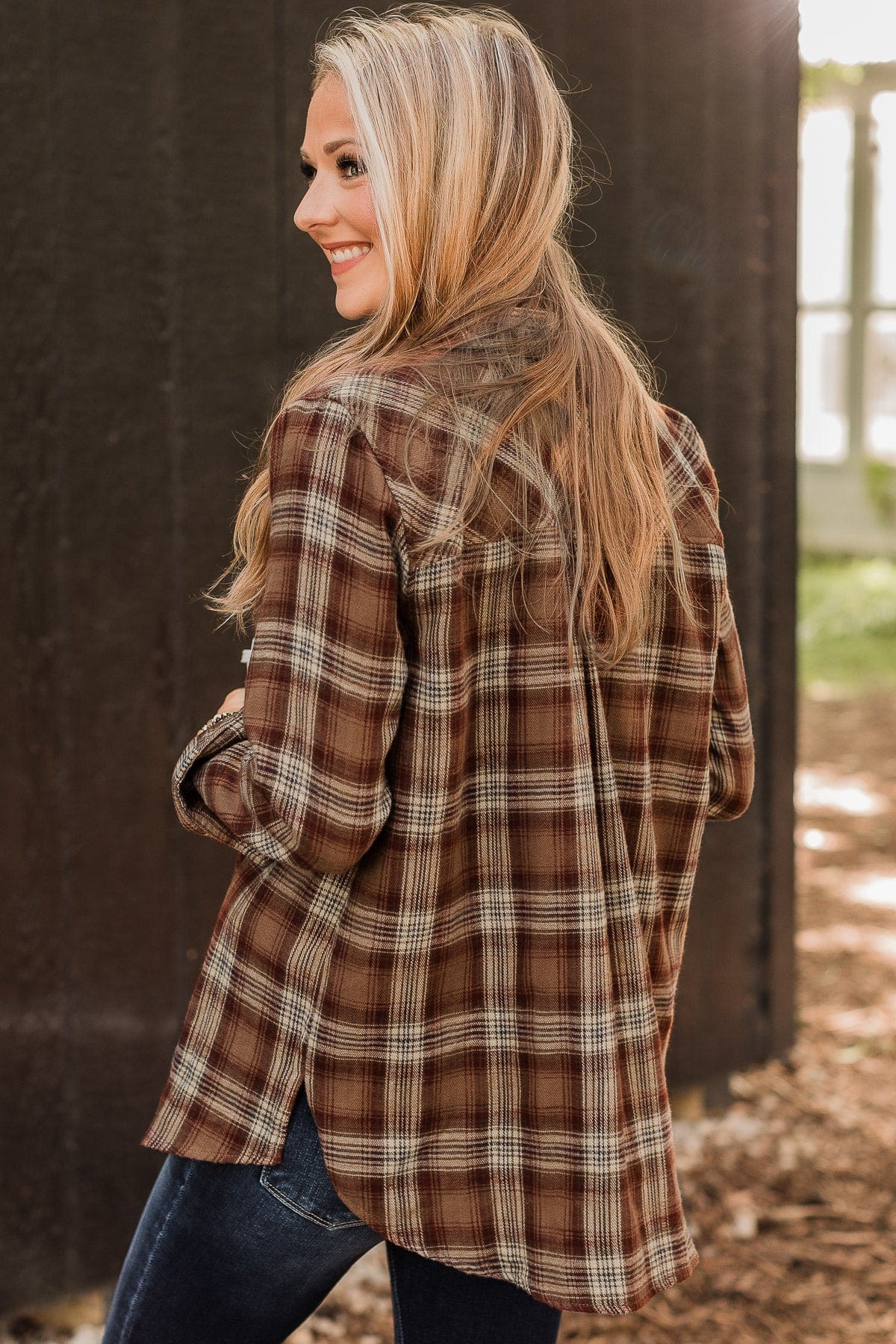 Big Expectations Plaid Button Top- Brown