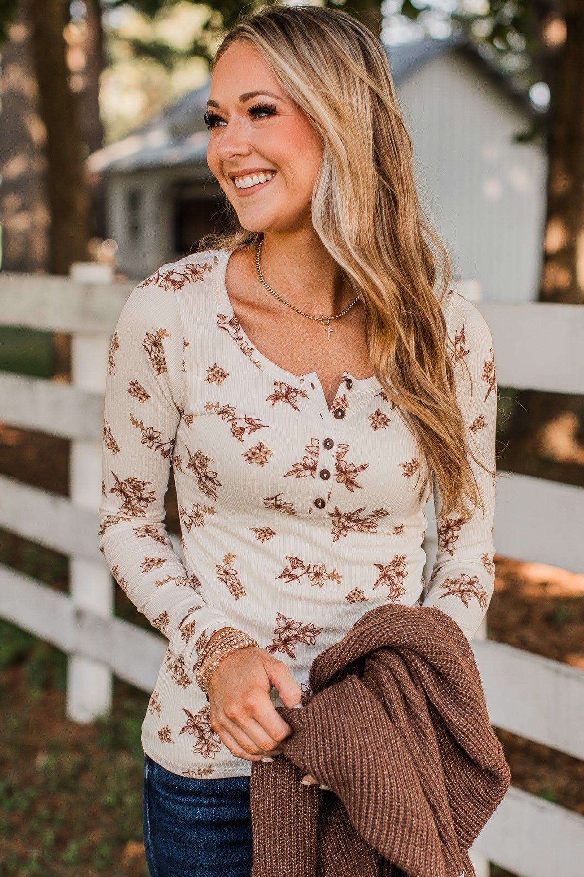 Piercing Beauty Floral Henley Top- Ivory
