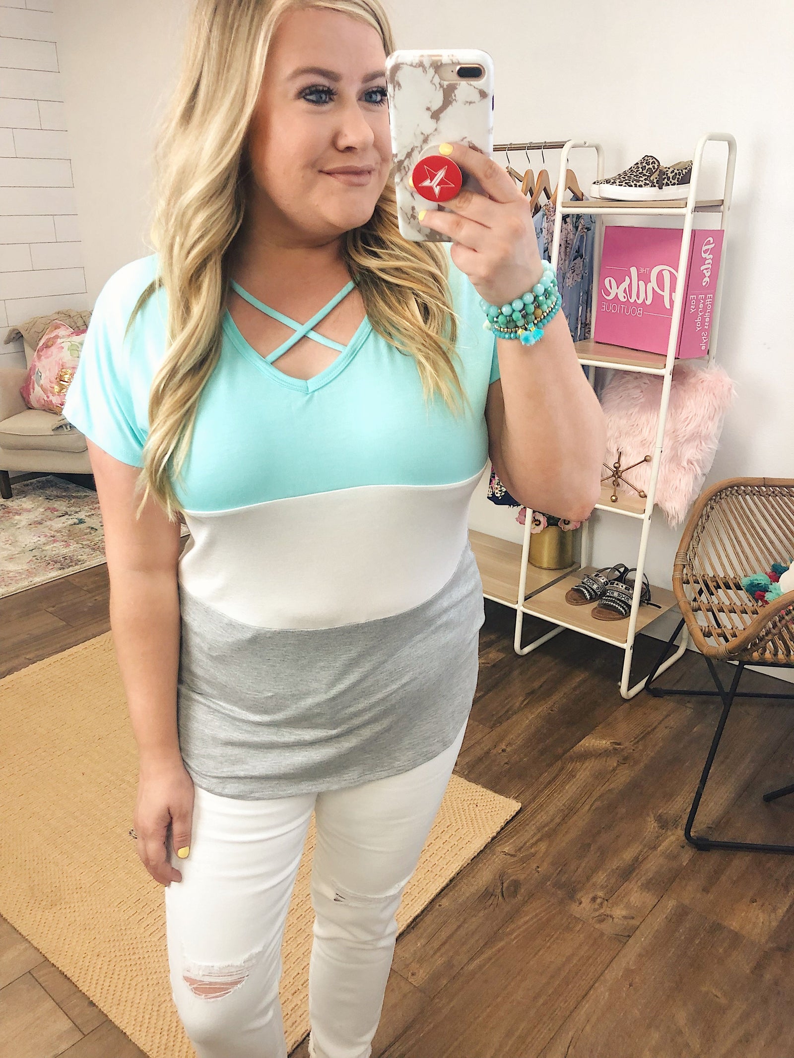 Right Here Criss Cross Color Block Top- Aqua