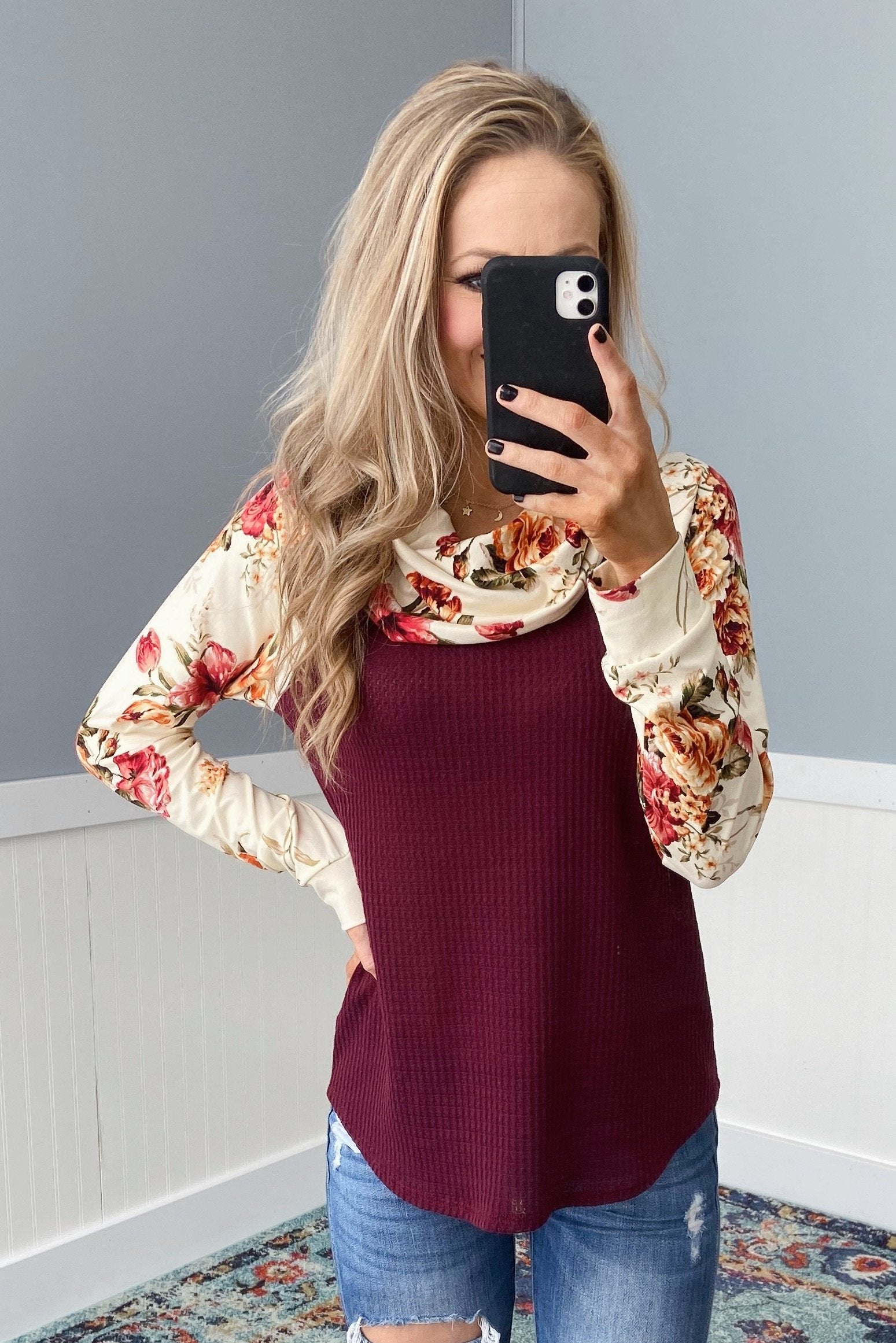 Waffle Knit Floral Cowl Neck Top- Burgundy