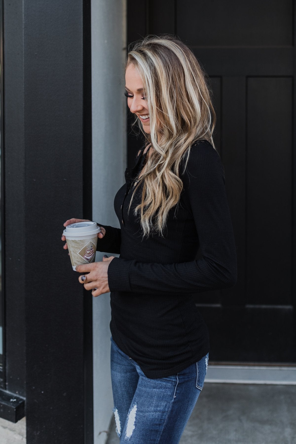 Lace Back 5-Button Henley Top- Black