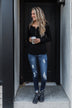 Lace Back 5-Button Henley Top- Black