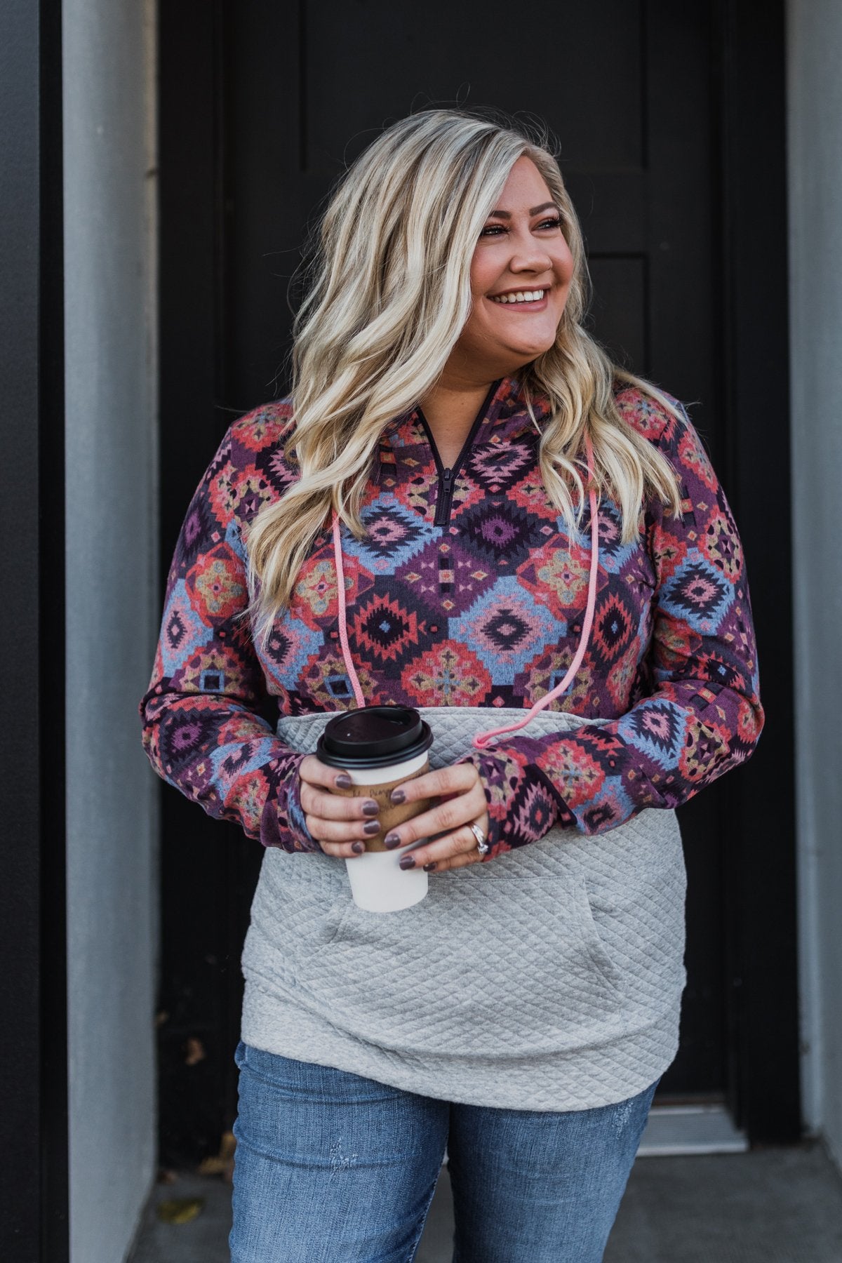 Aztec Quilted Drawstring Hoodie- Grey, Pink, & Purple Tones