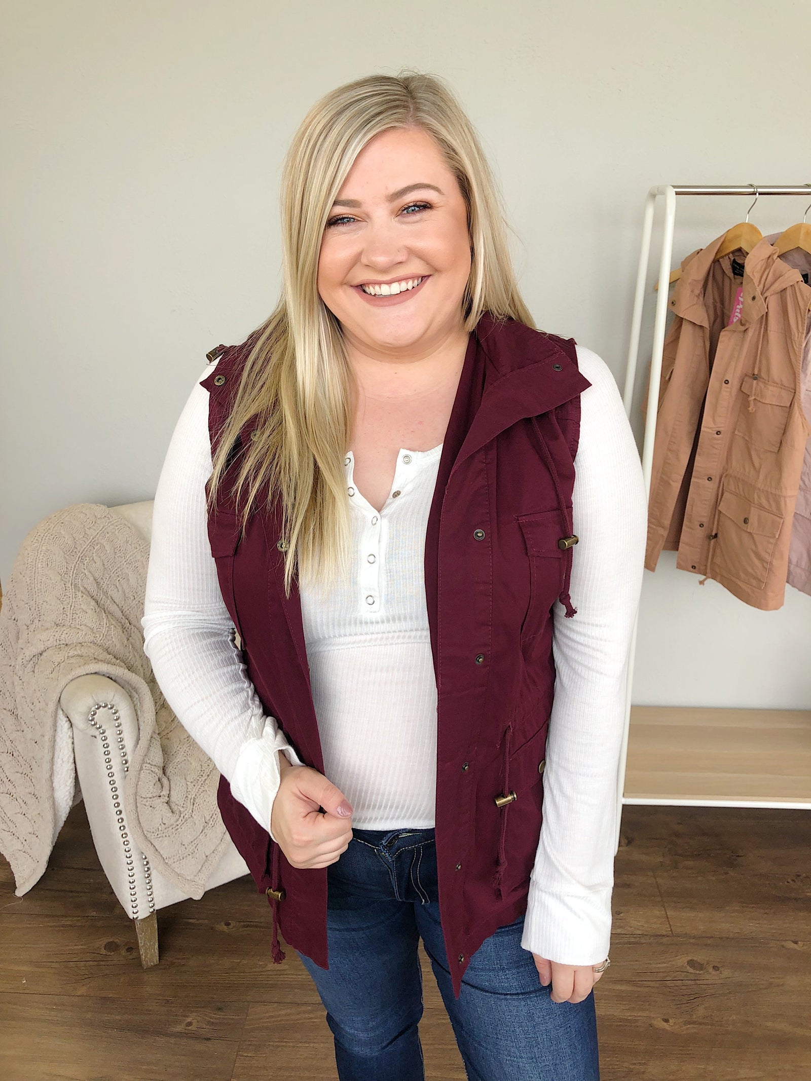Hooded Button Up Vest- Burgundy