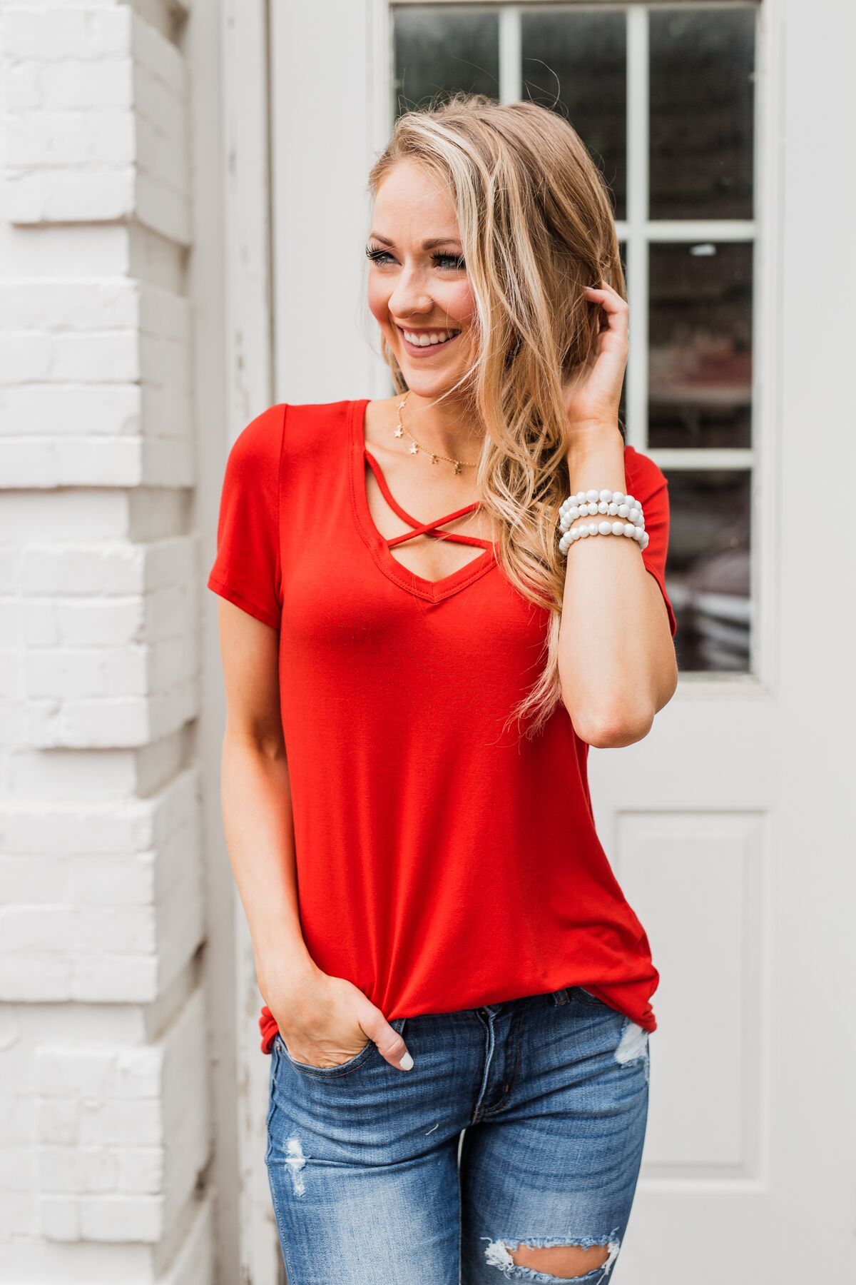 Meet Me Here Short Sleeve Top- Scarlet Red