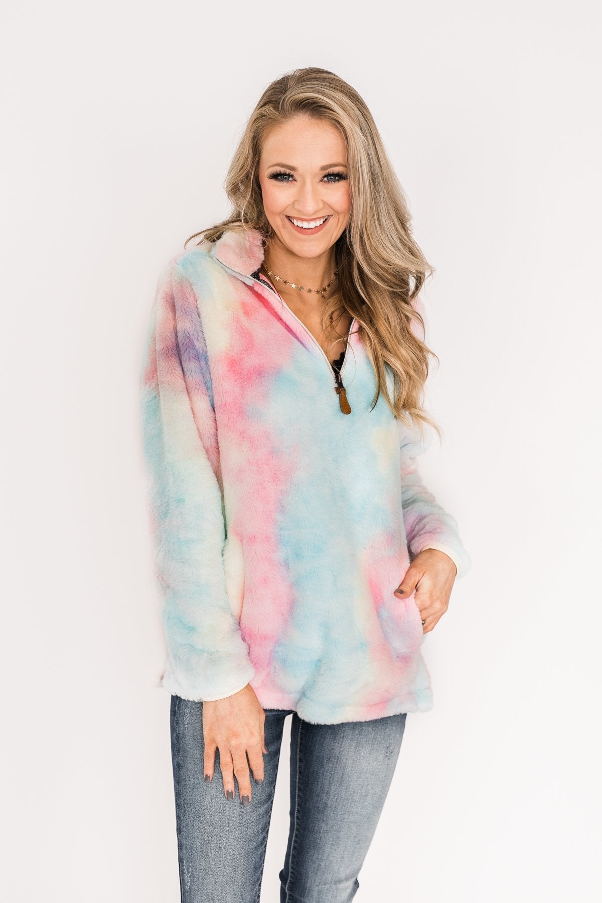 Quarter Zip Tie Dye Sherpa- Cotton Candy