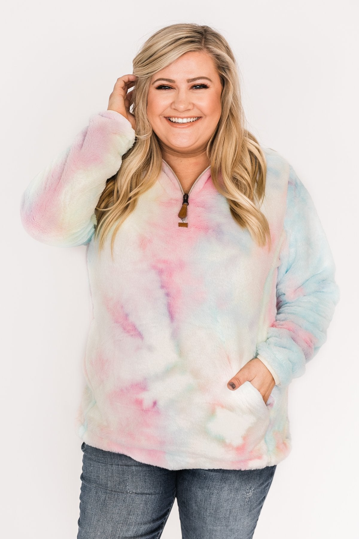 Quarter Zip Tie Dye Sherpa- Cotton Candy