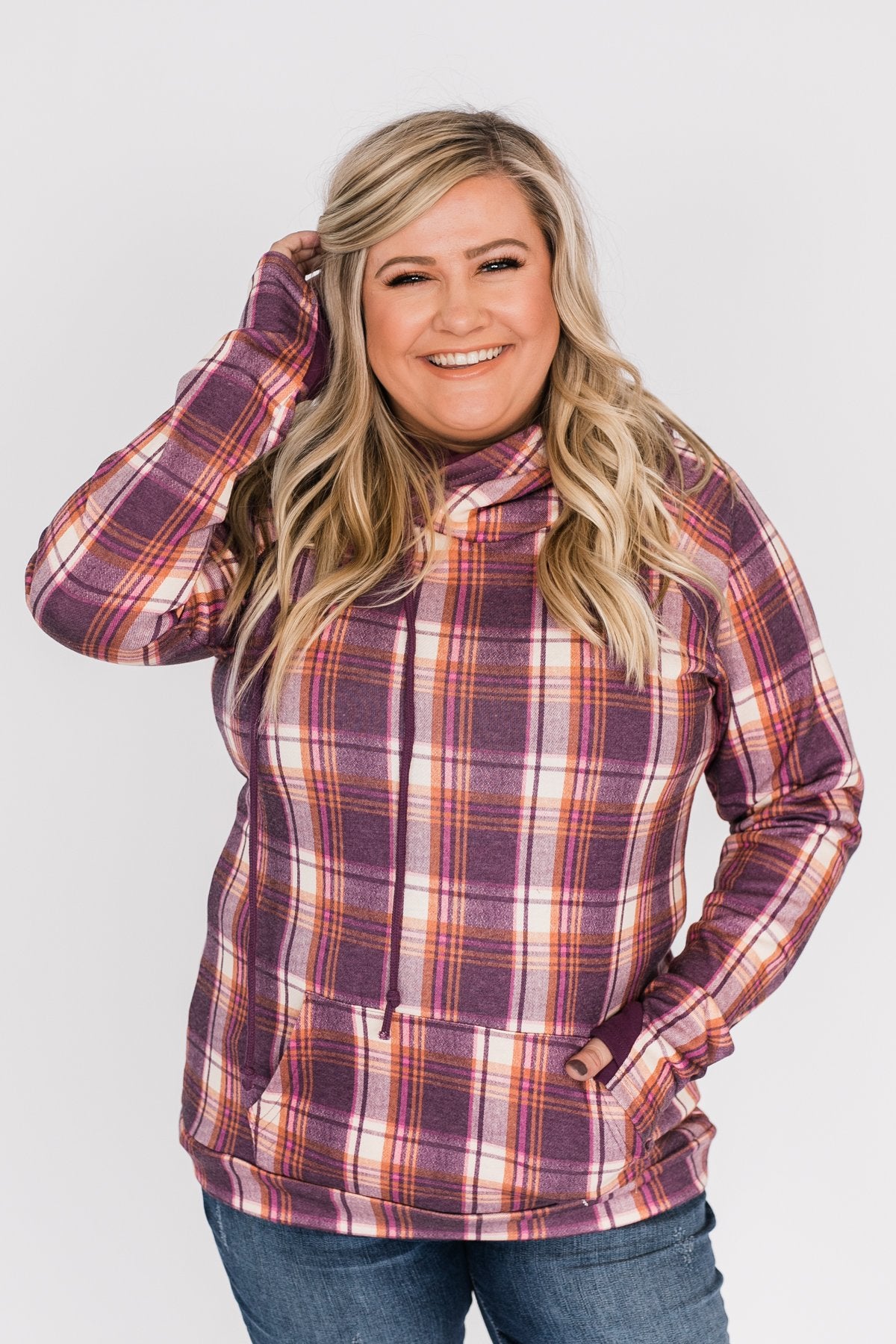 Plaid Drawstring Double Hoodie- Purple