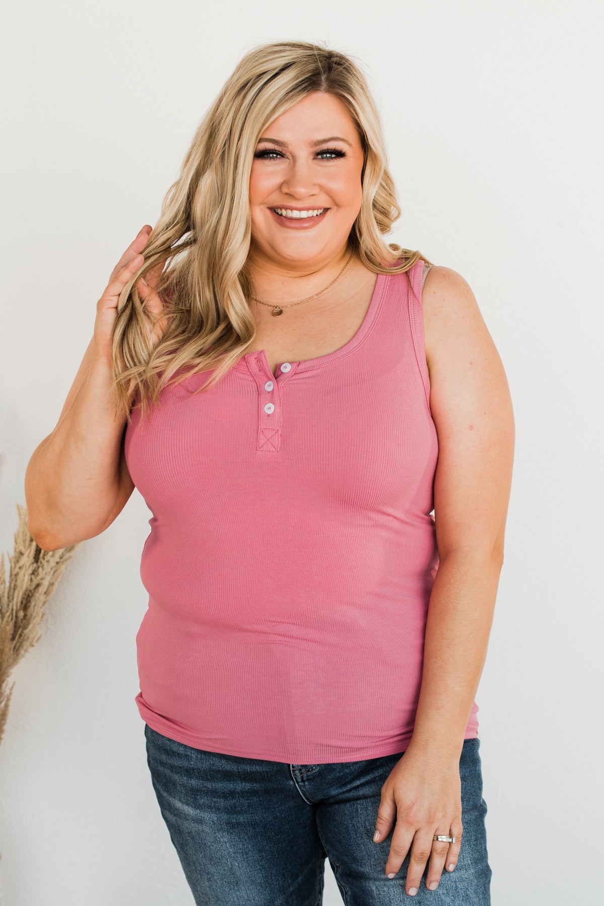 Uplifting Spirits Button Henley Tank Top- Bubblegum Pink