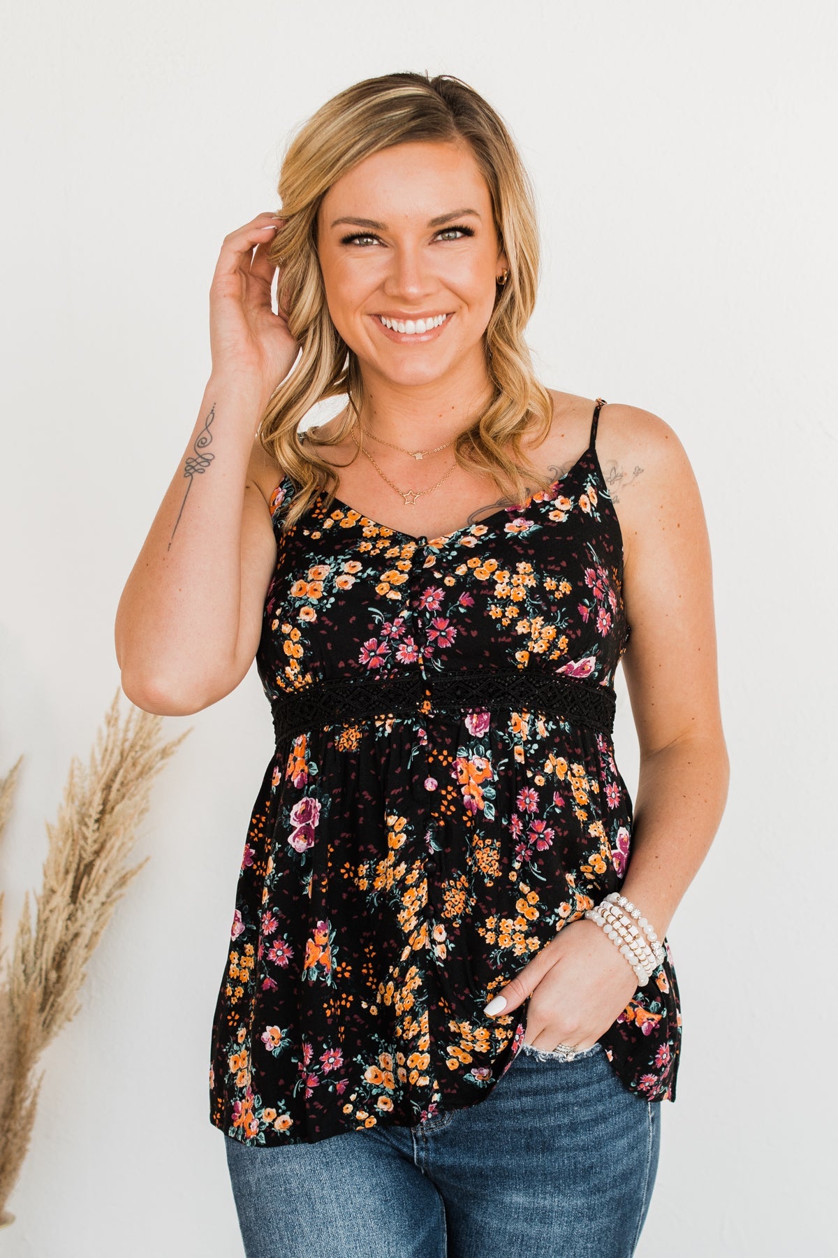 Chose Happiness Floral Tank Top- Black