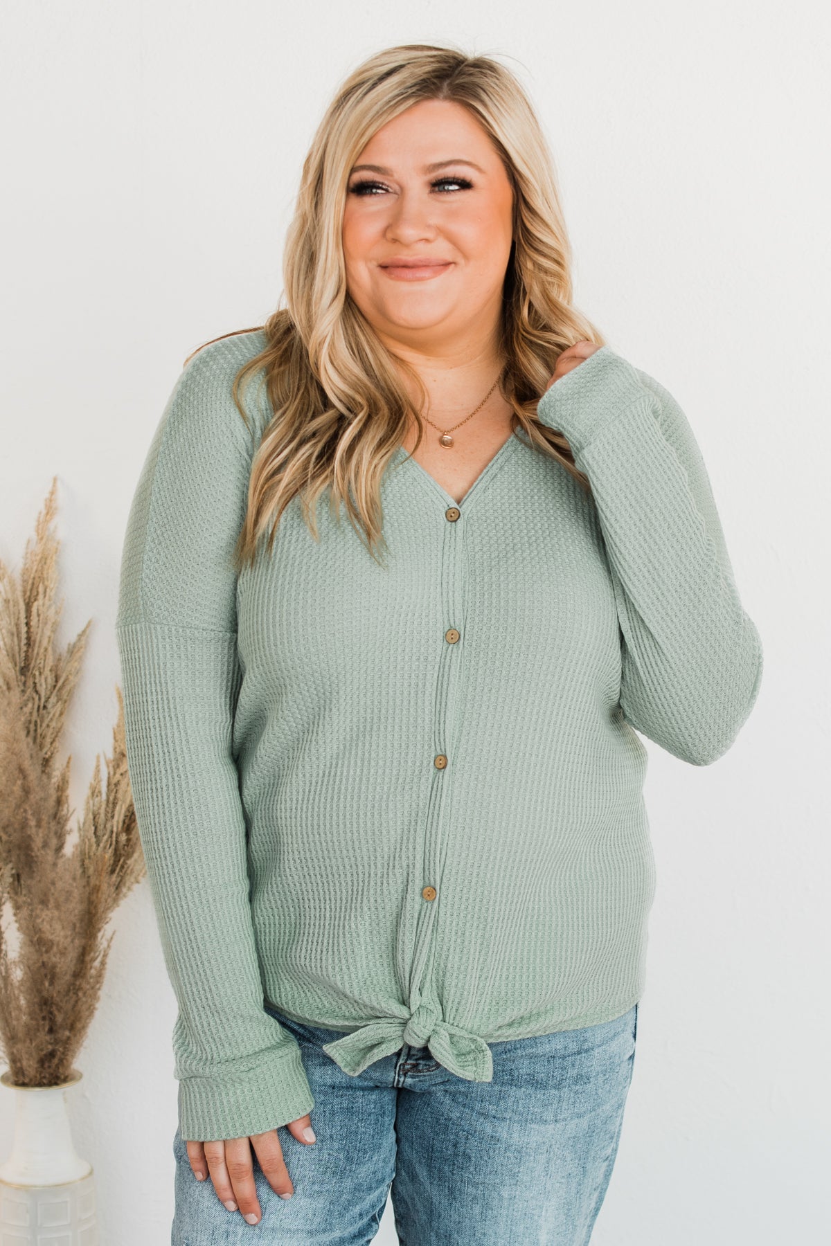 Loving You Thermal Button Knot Top- Light Sage