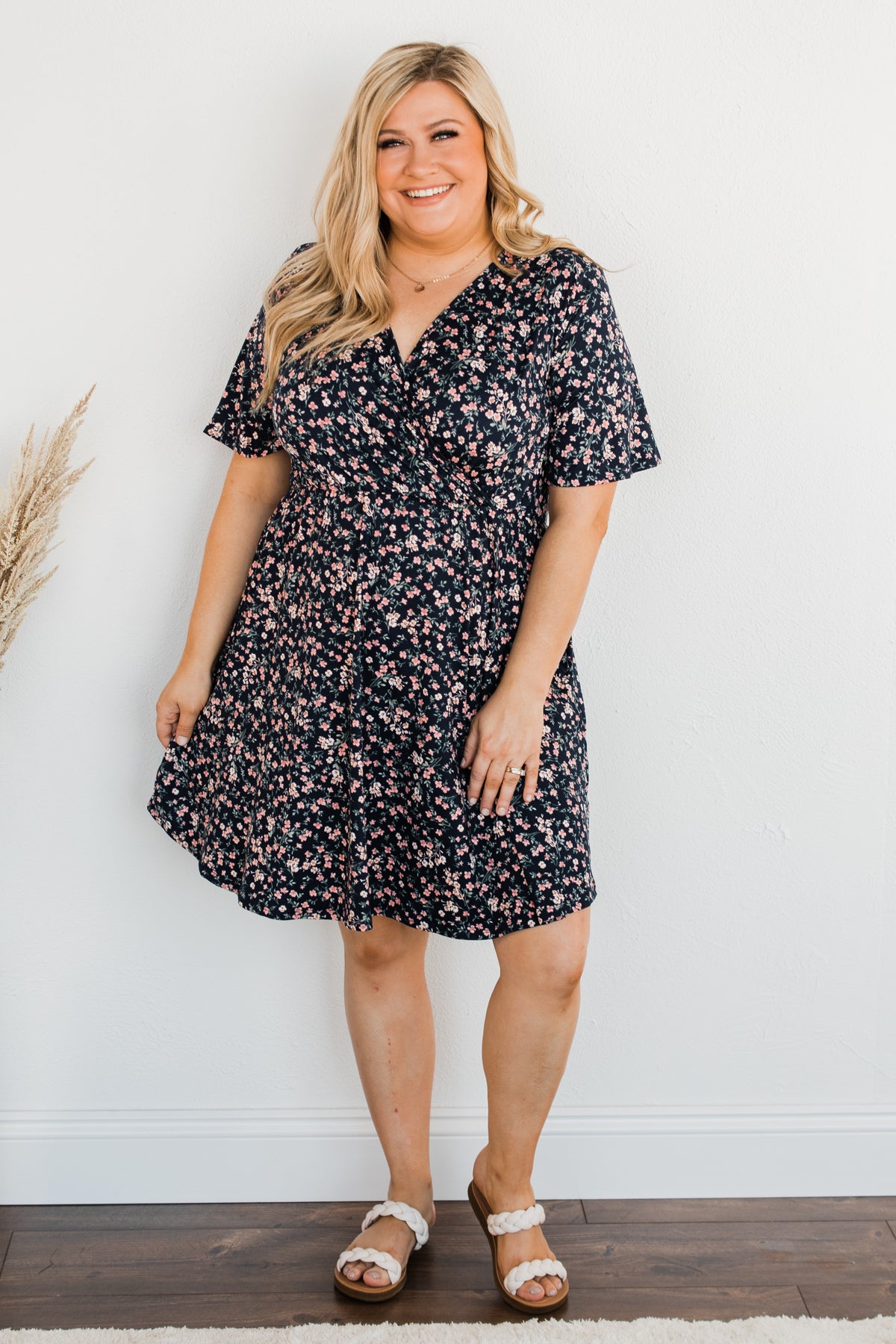 Our Time Together Floral V-Neck Dress- Navy