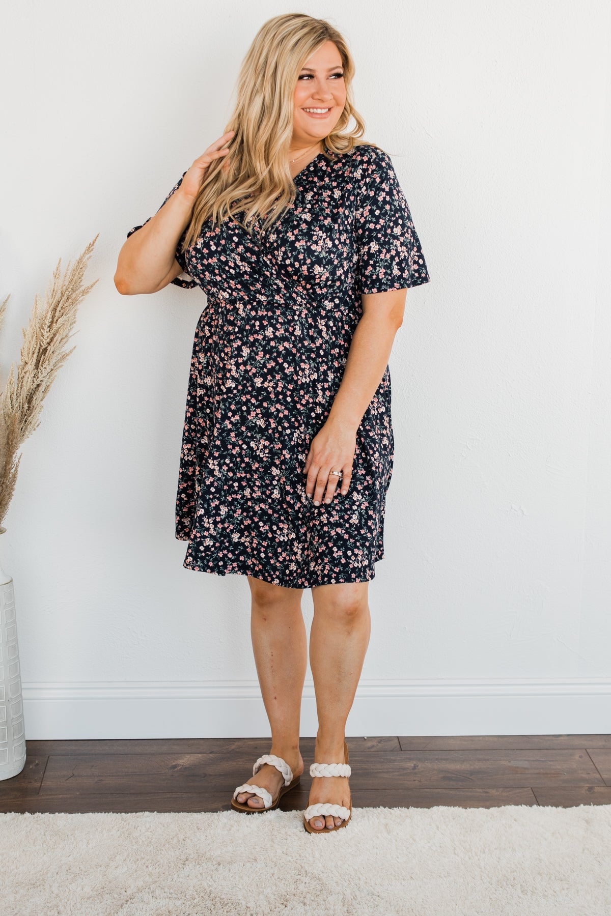 Our Time Together Floral V-Neck Dress- Navy