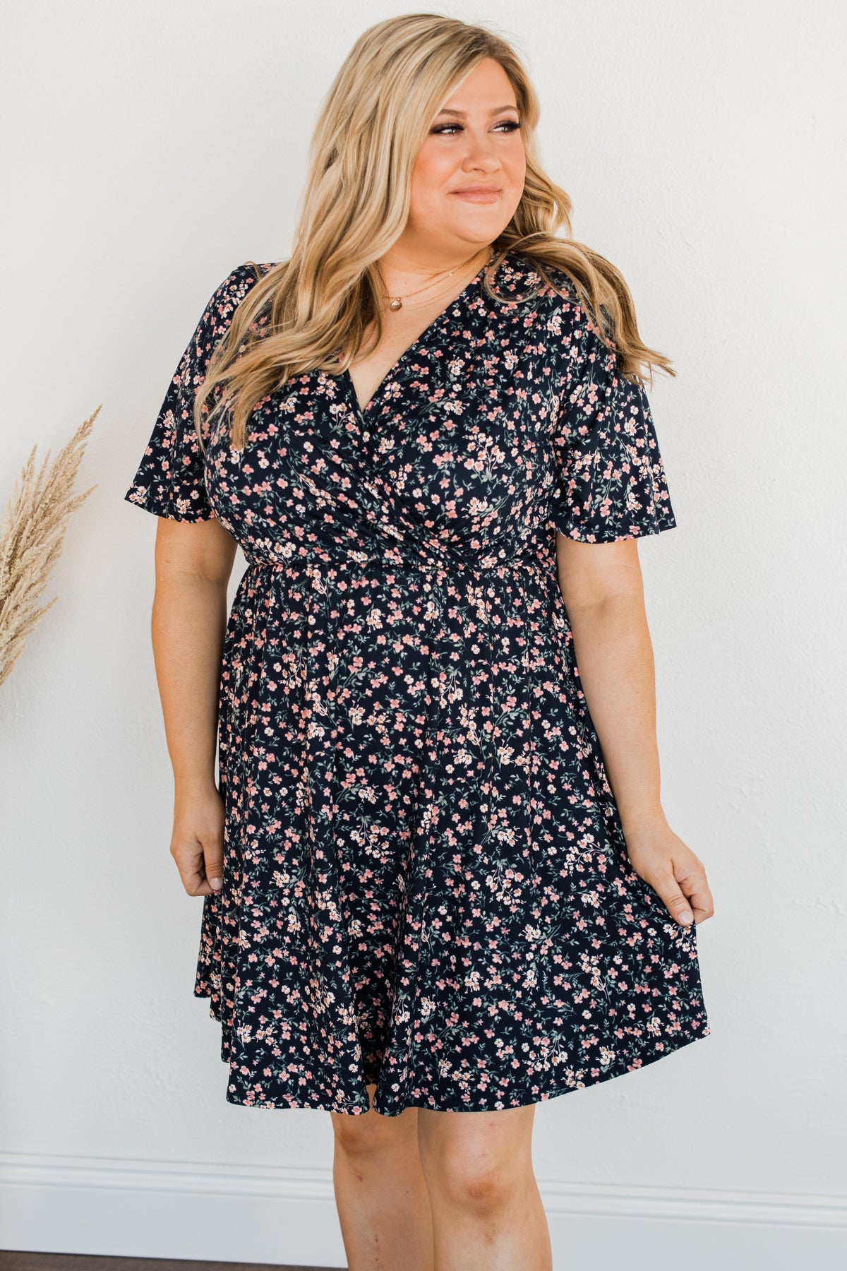 Our Time Together Floral V-Neck Dress- Navy