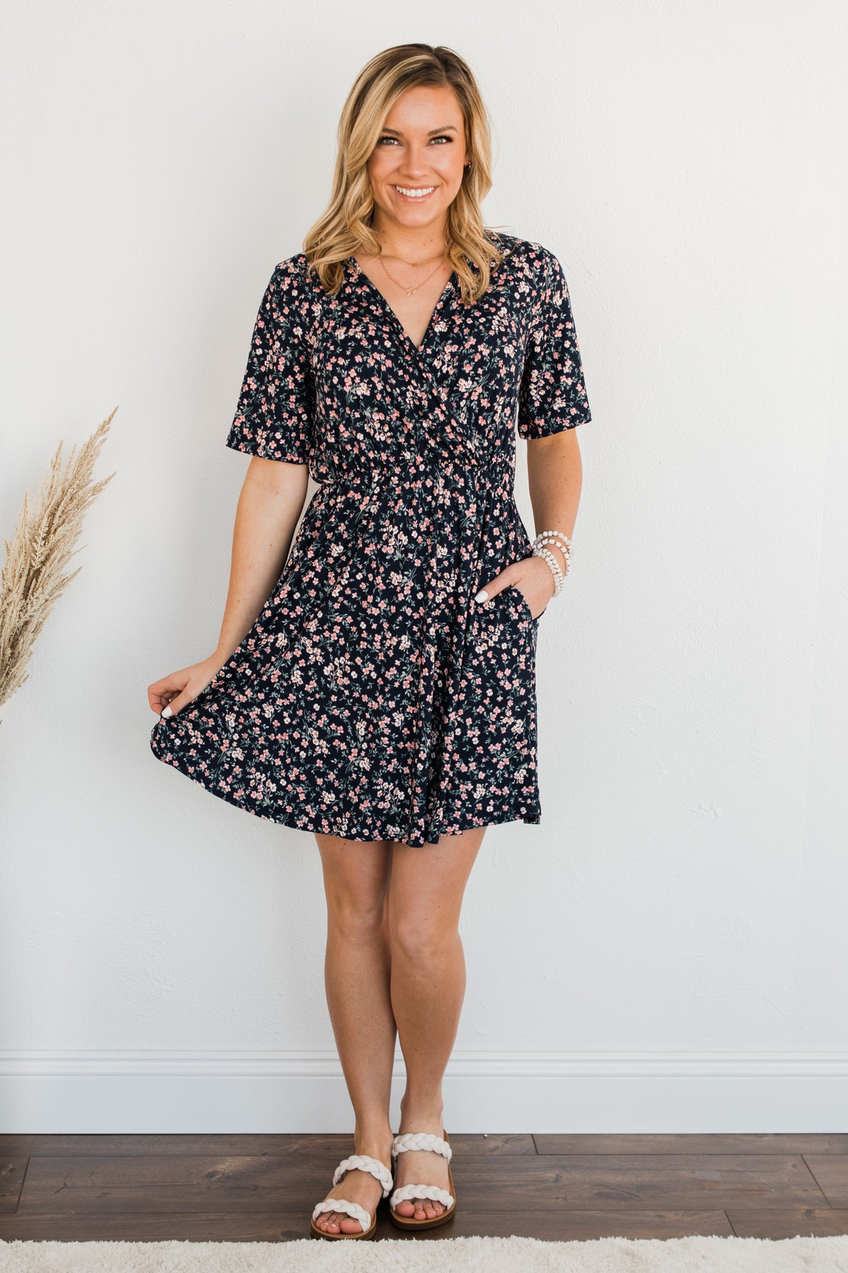 Our Time Together Floral V-Neck Dress- Navy