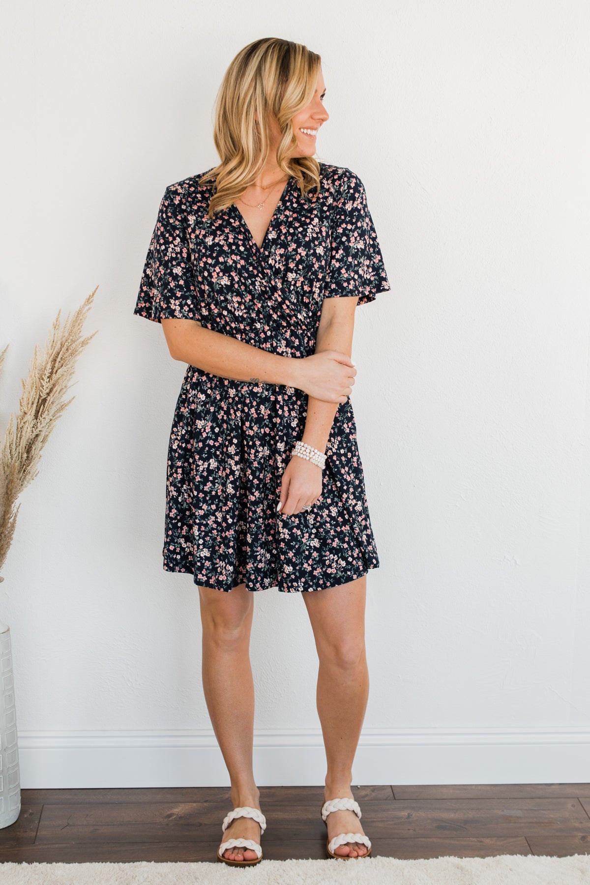 Our Time Together Floral V-Neck Dress- Navy