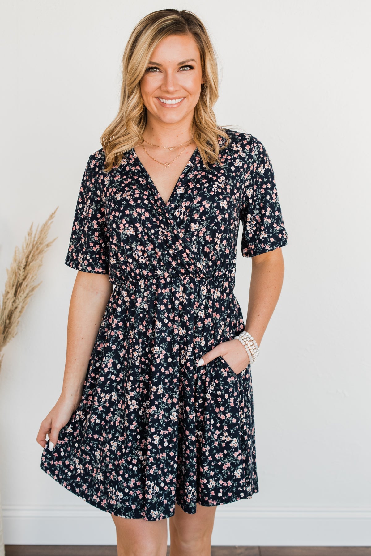 Our Time Together Floral V-Neck Dress- Navy