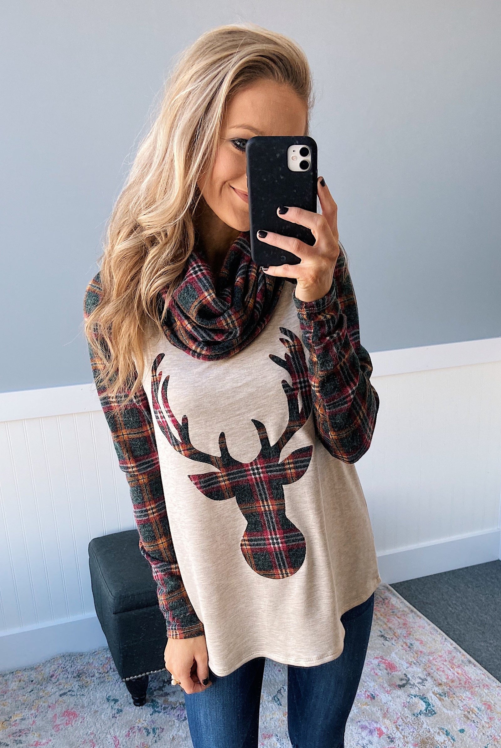 Plaid Reindeer Cowl Neck Top- Oatmeal & Green