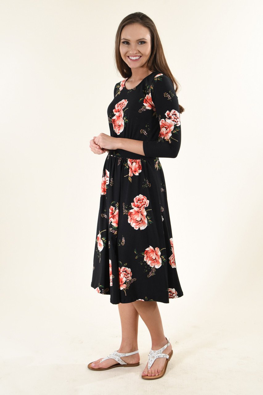Black Floral Midi Dress