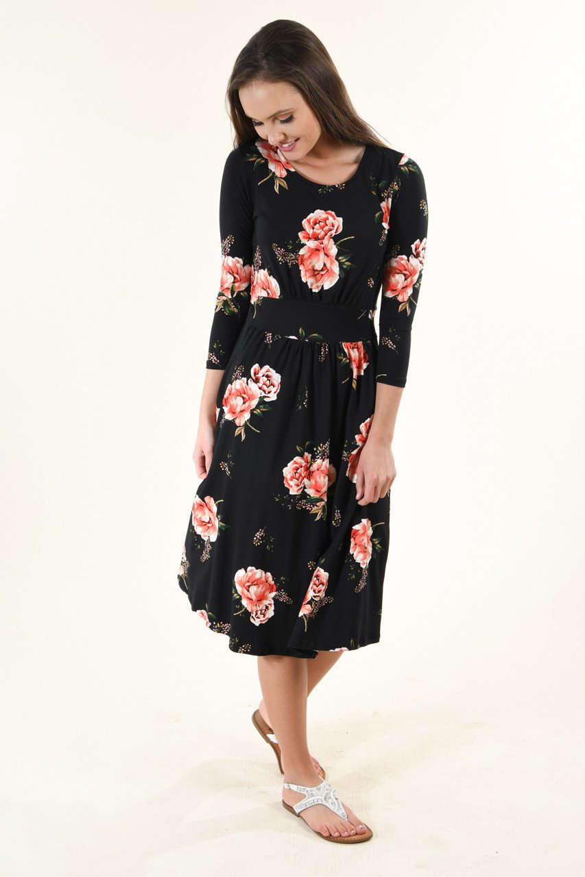 Black Floral Midi Dress