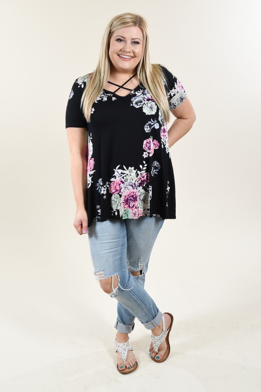 Black Floral Criss Cross Top