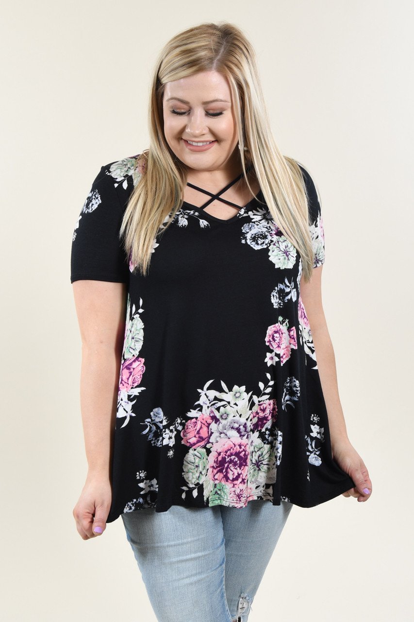 Black Floral Criss Cross Top