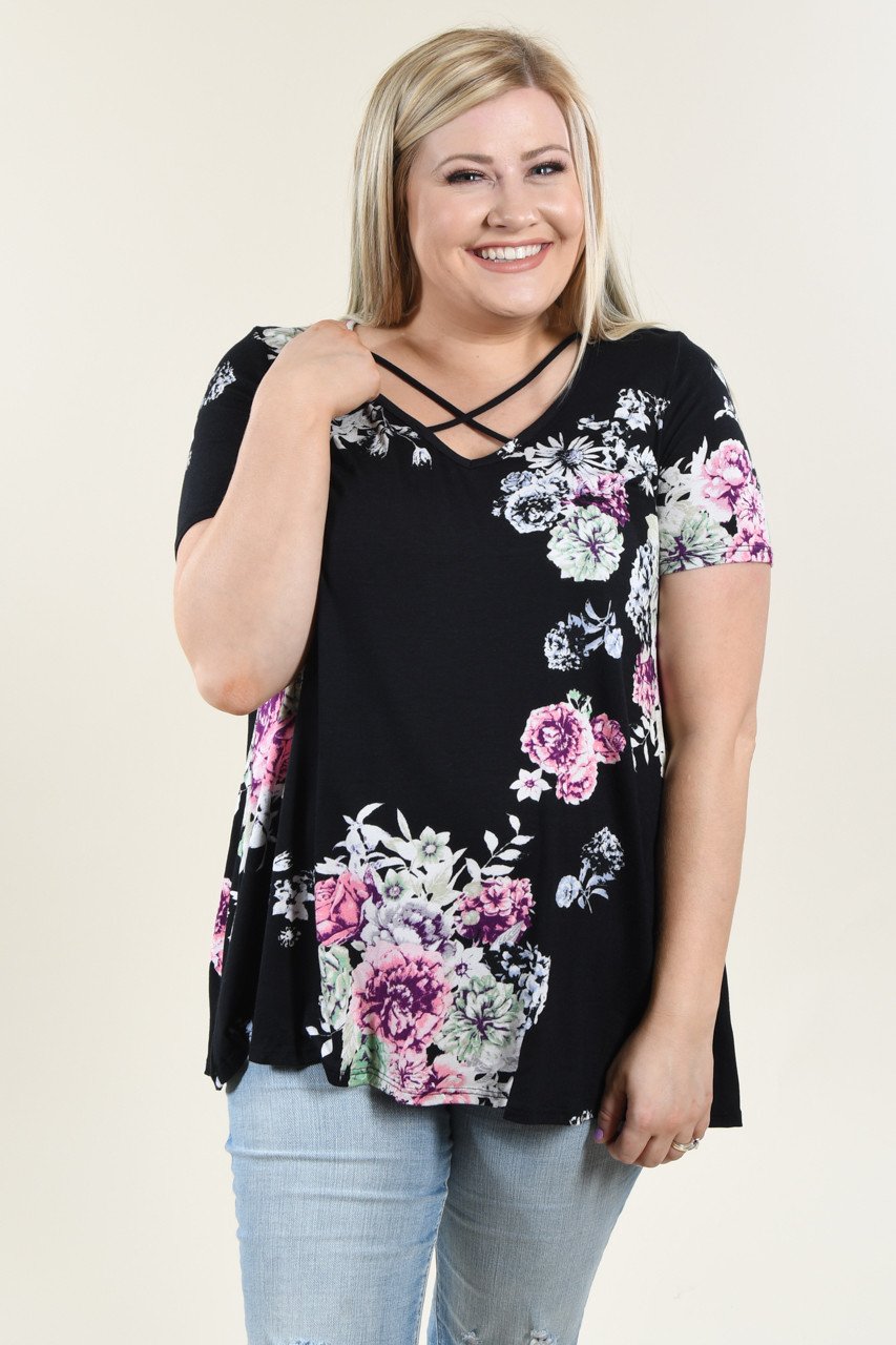 Black Floral Criss Cross Top