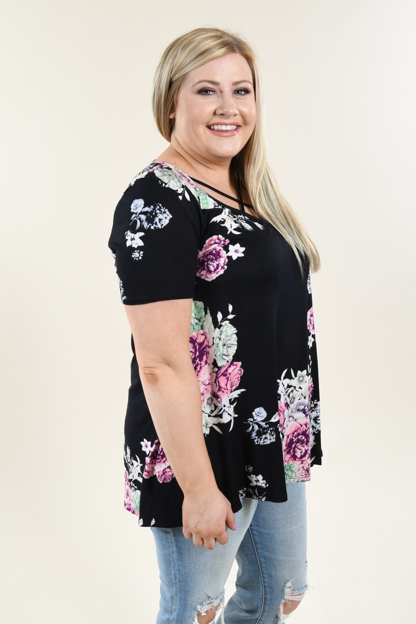 Black Floral Criss Cross Top