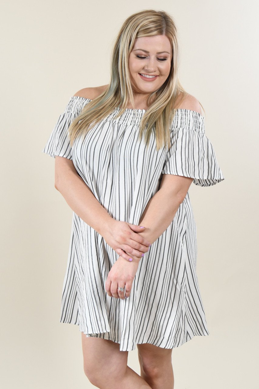 Pin Stripe Off The Shoulder Dress Pin Stripe Off The Shoulder Dress