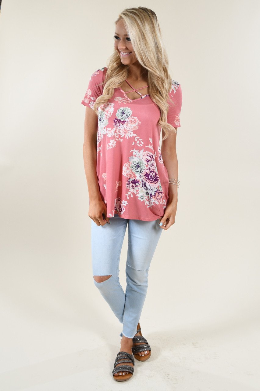 Mauve Floral Criss Cross Top