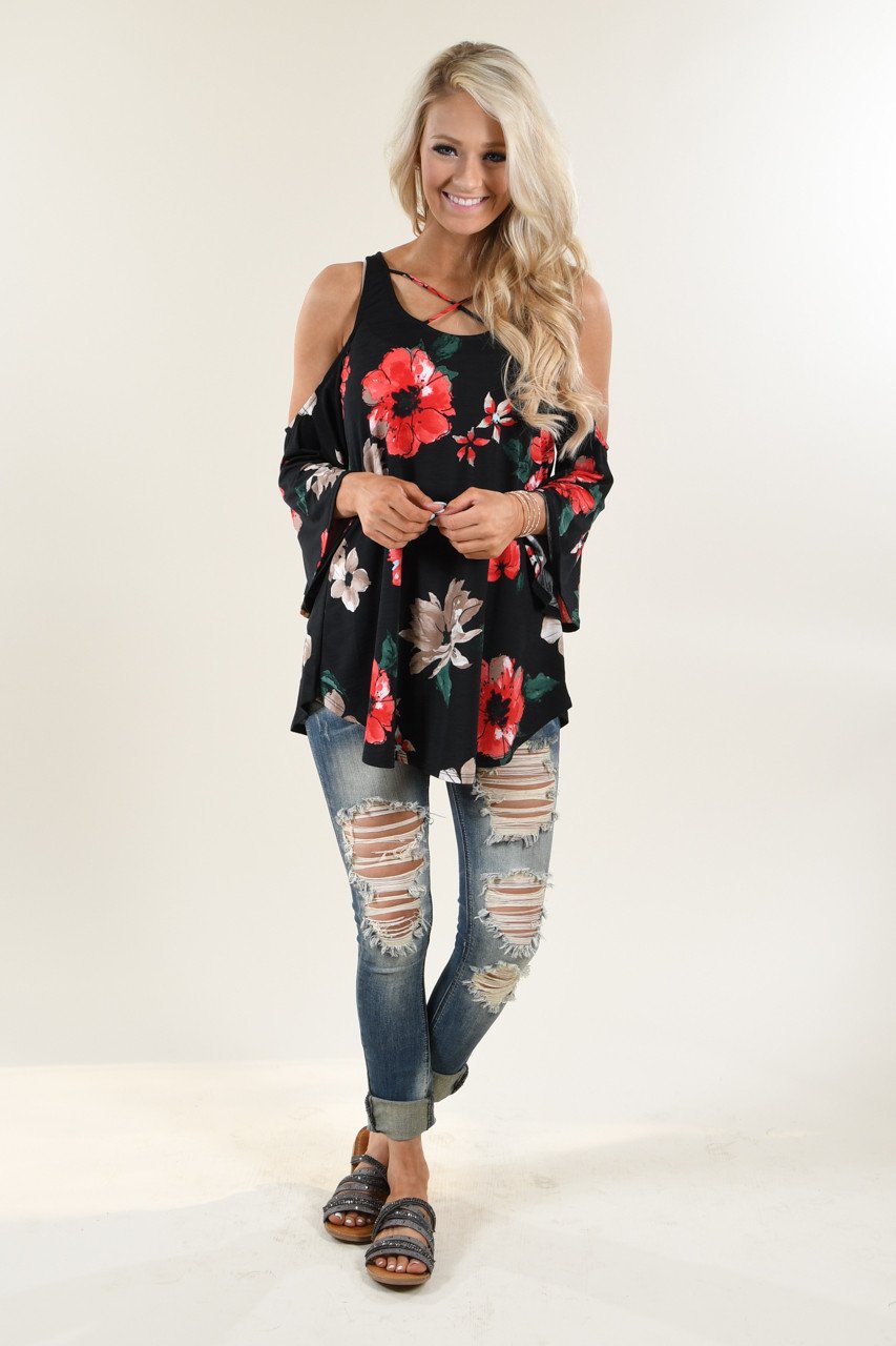 Black Floral Off the Shoulder Top