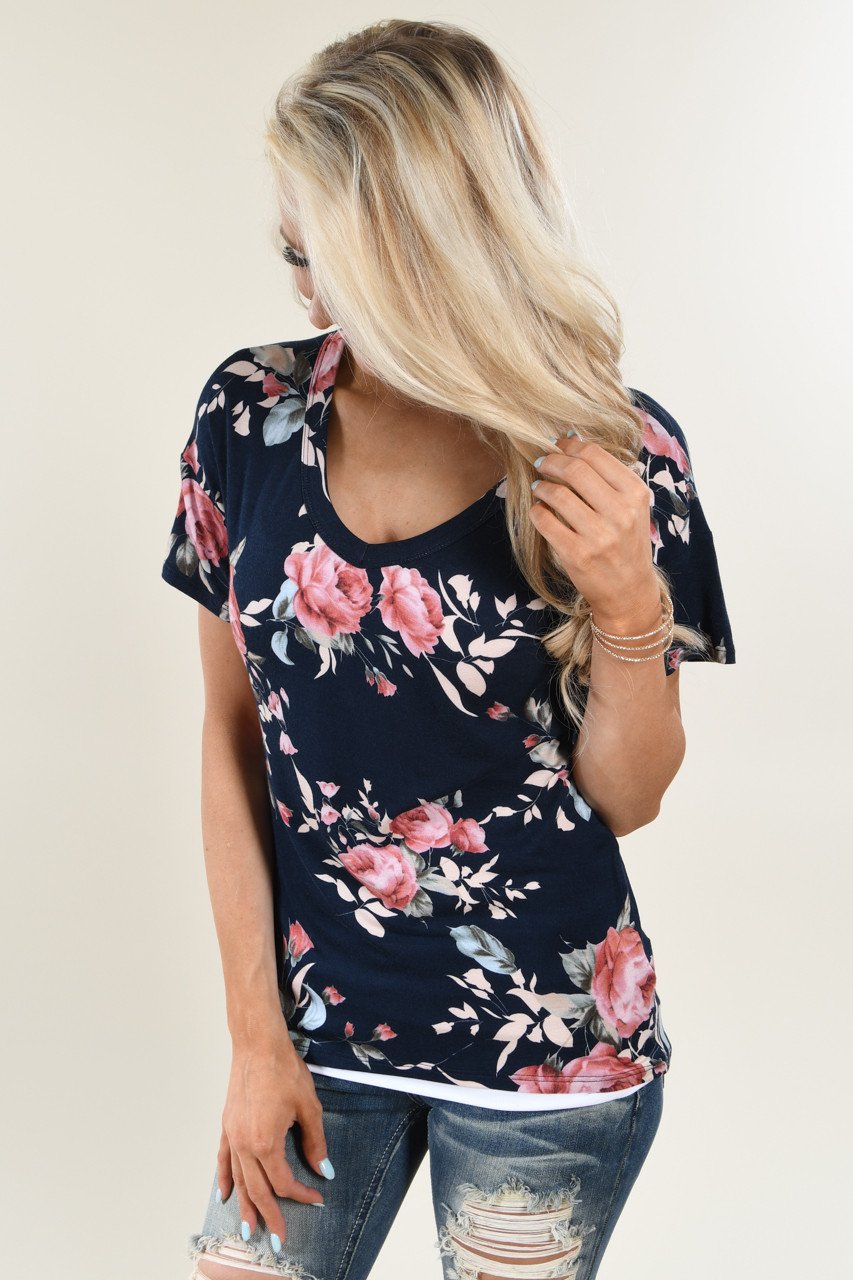 Floral V-Neck ~ Navy – The Pulse Boutique