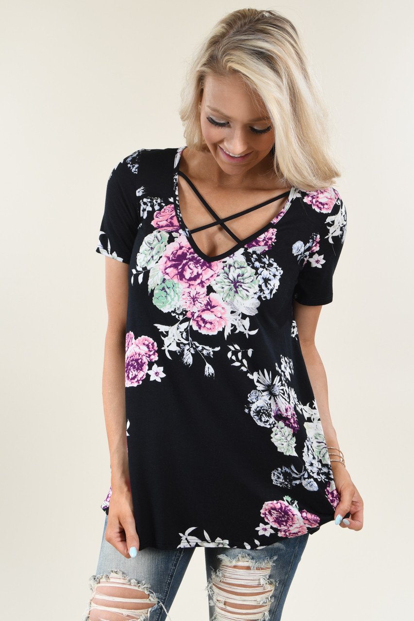 Black Floral Criss Cross Top
