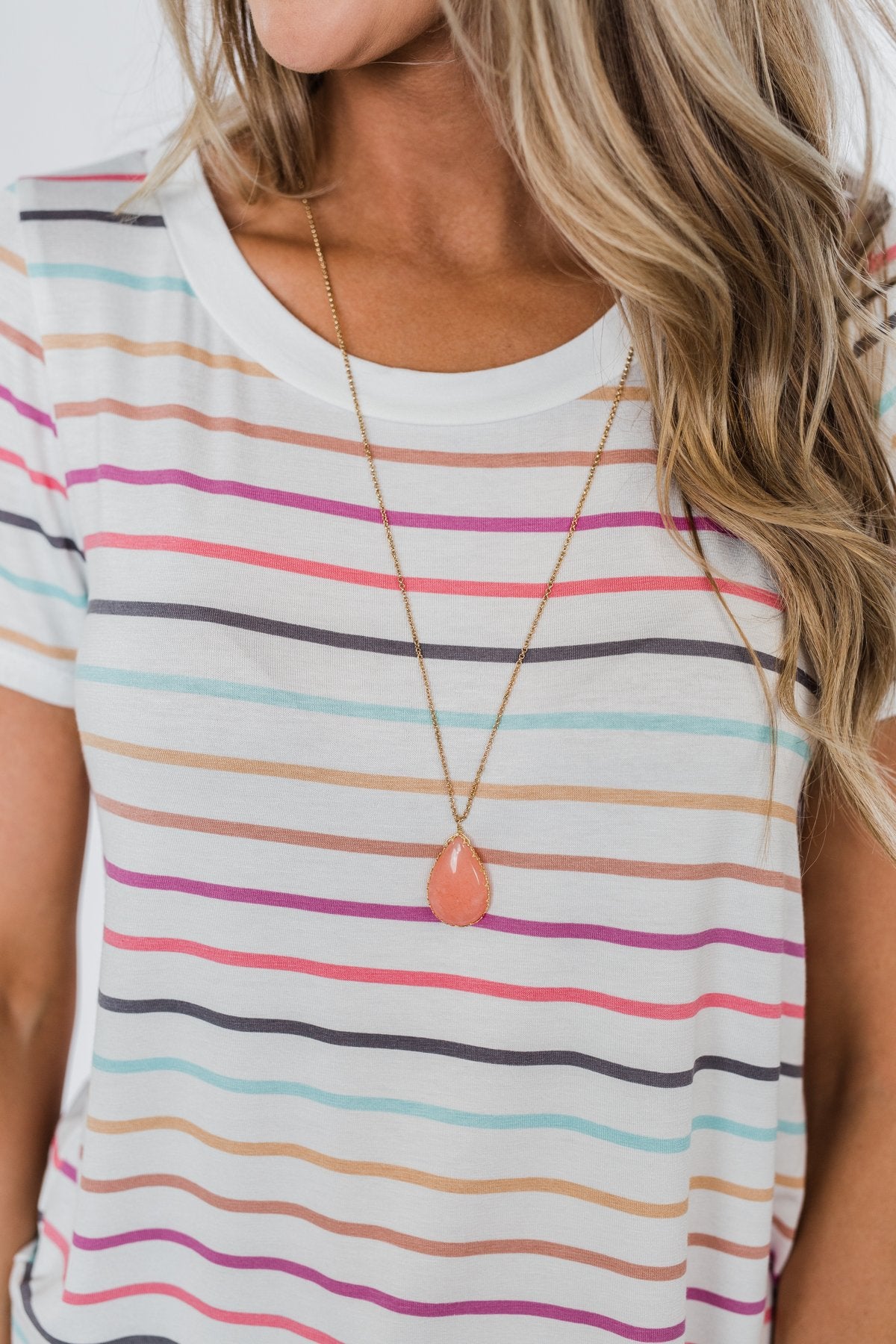 Teardrop Pendant Gold Necklace- Peach