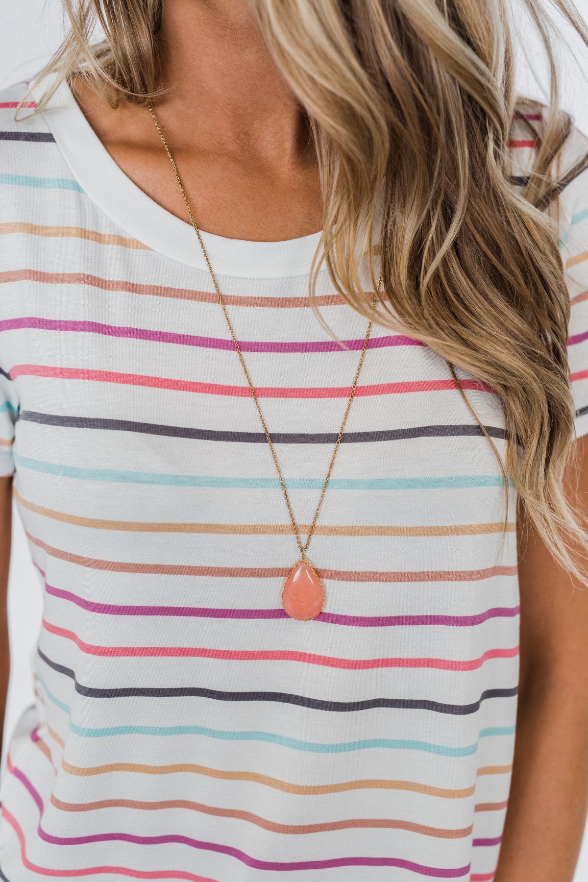 Teardrop Pendant Gold Necklace- Peach