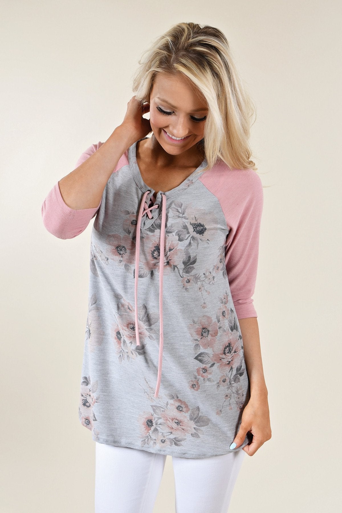 3/4 Sleeve Pink & Grey Floral Top