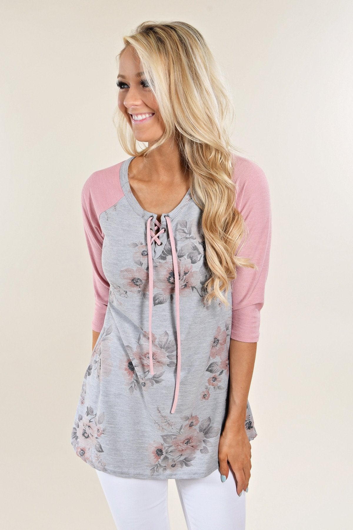 3/4 Sleeve Pink & Grey Floral Top