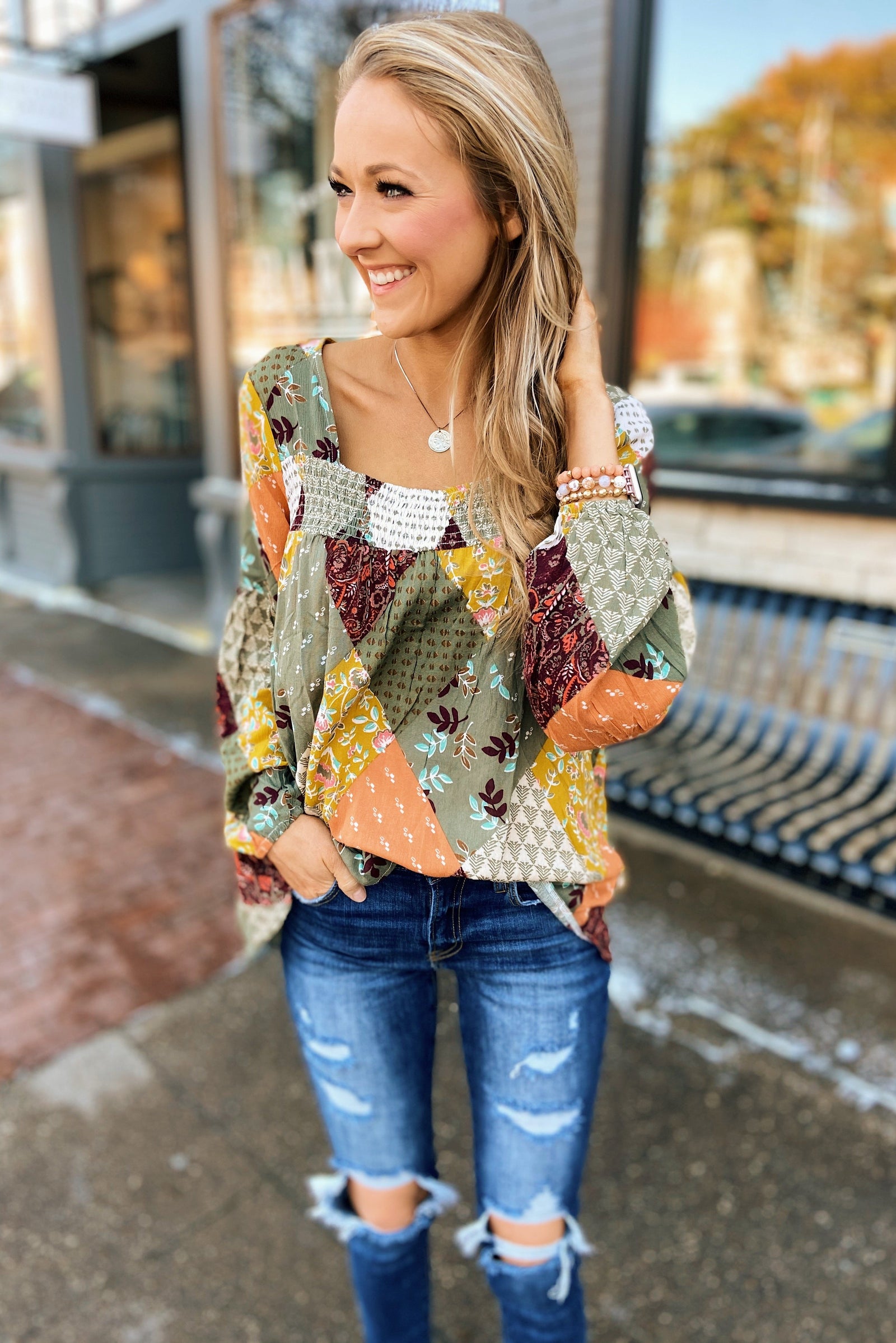 Wandering Free Printed Blouse- Olive Tones