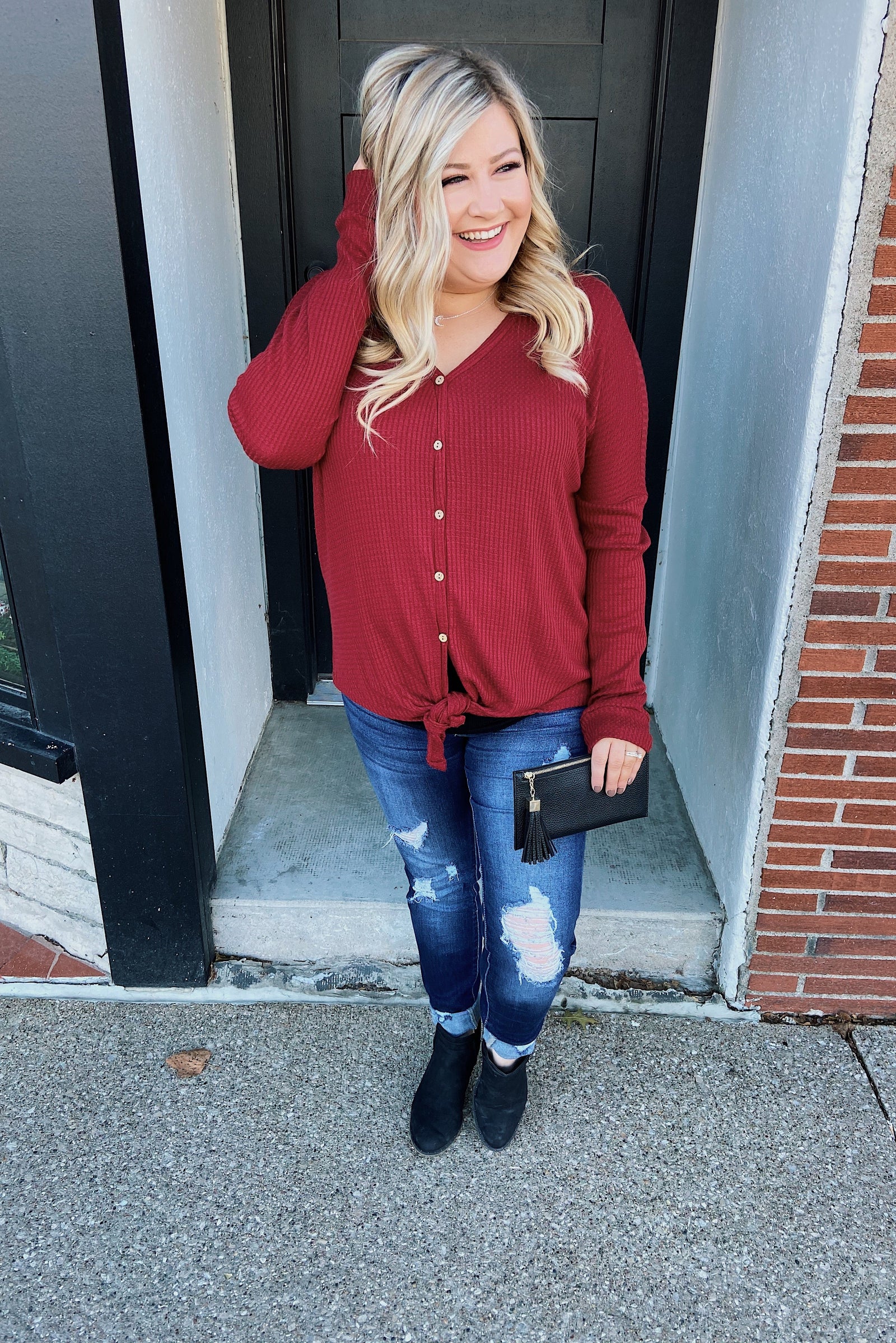 Thermal Button Knot Top- Red
