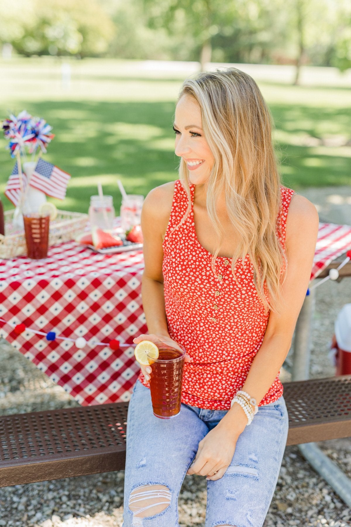 Feelin' Like A Firecracker Floral Henley Tank Top- Red
