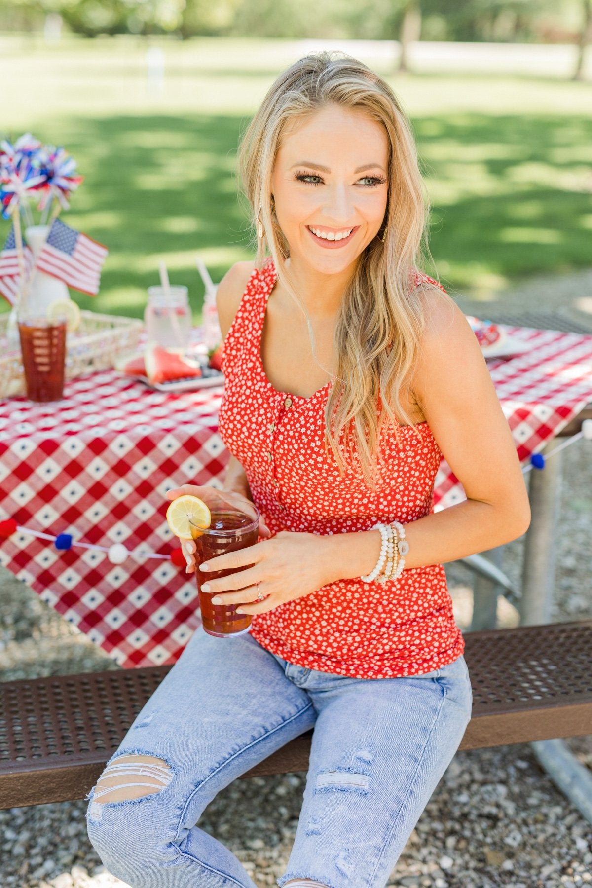 Feelin' Like A Firecracker Floral Henley Tank Top- Red