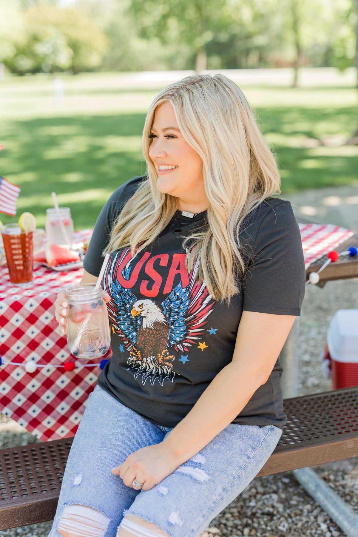 Hooray For The U.S.A. Graphic Top- Black