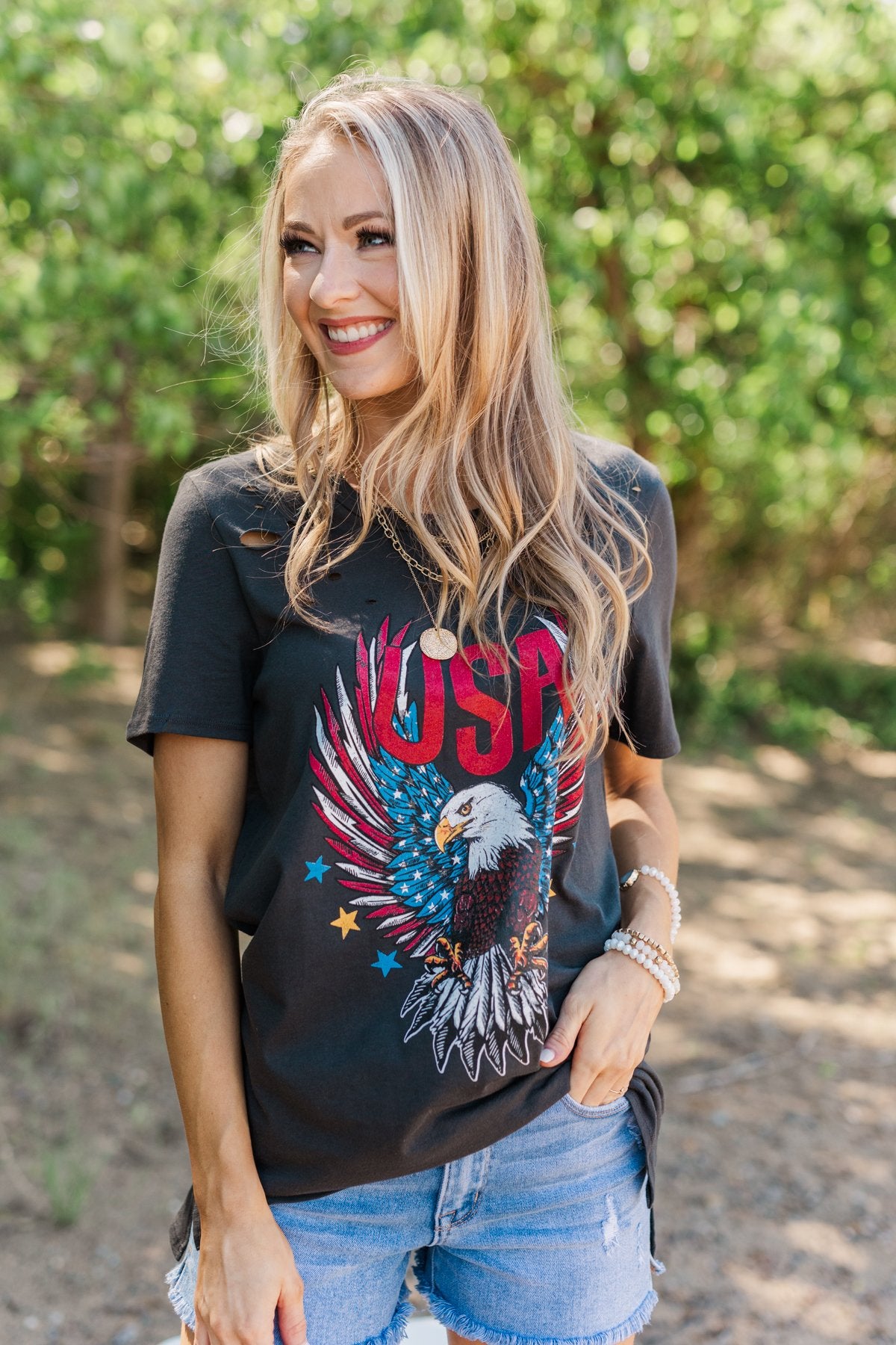 Hooray For The U.S.A. Graphic Top- Black