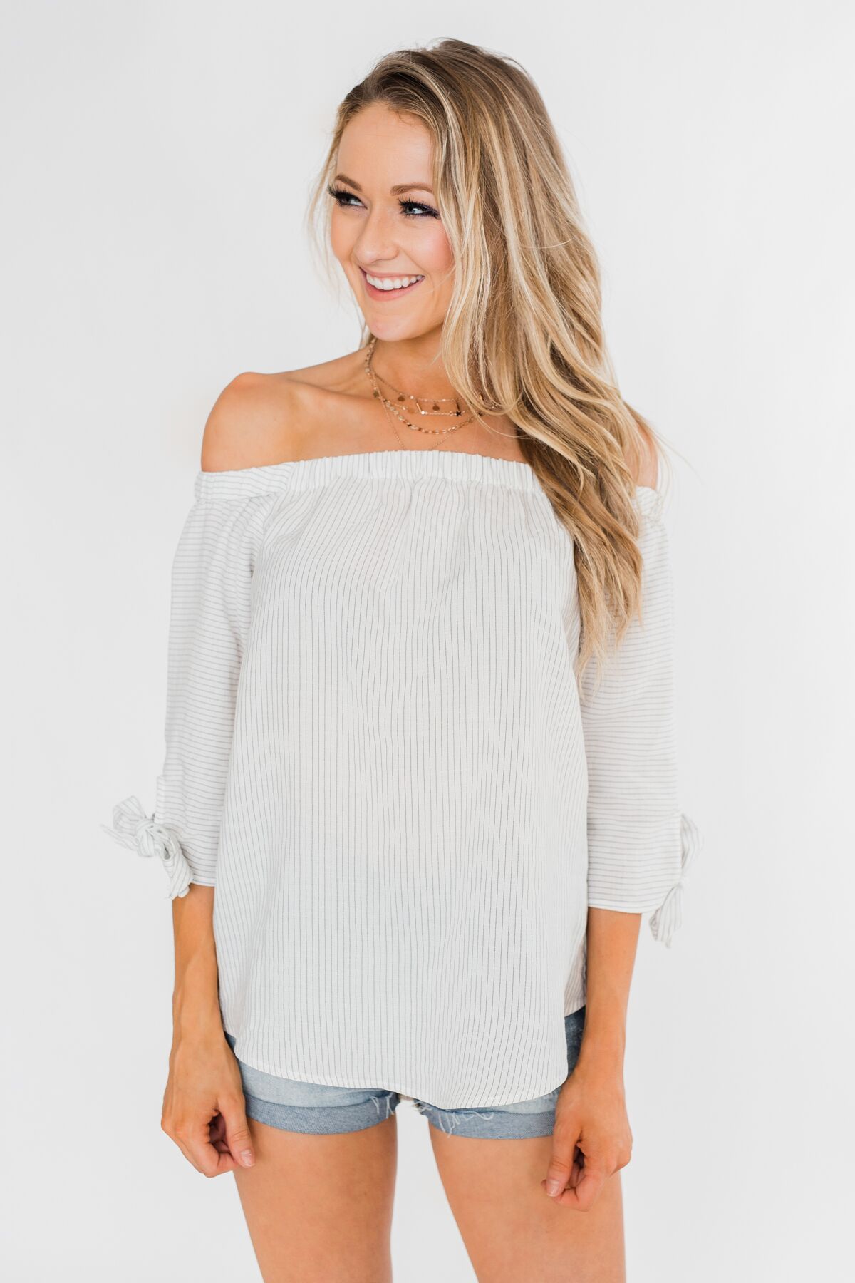Off The Shoulder Striped Tie Sleeve Top- Ivory
