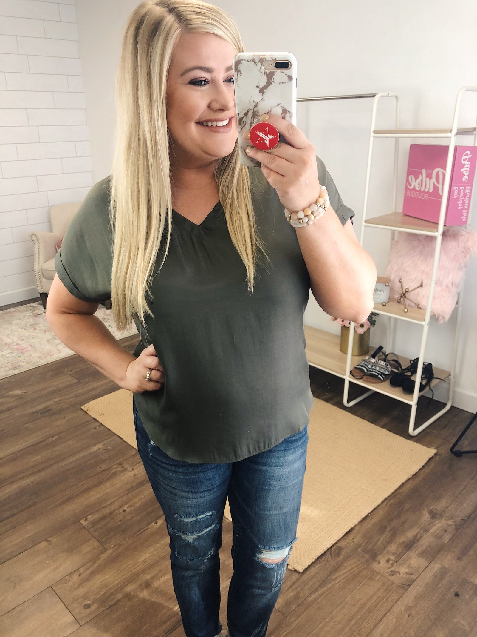 Basic Beauty V-Neck Short Sleeve Top- Olive